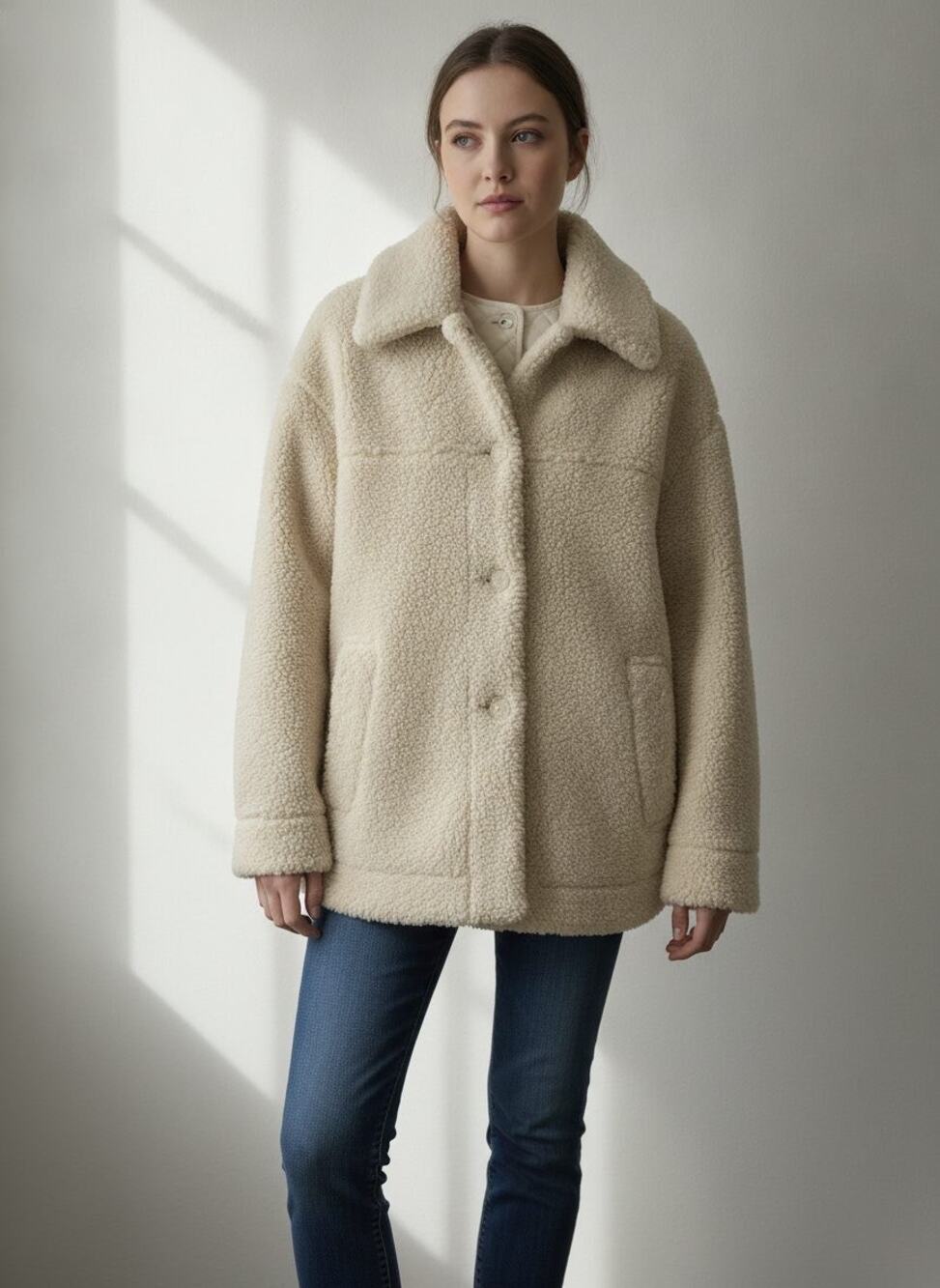 KULE Lambswool Sherpa Oversized Jacket, Shacket in Cream Size Small
